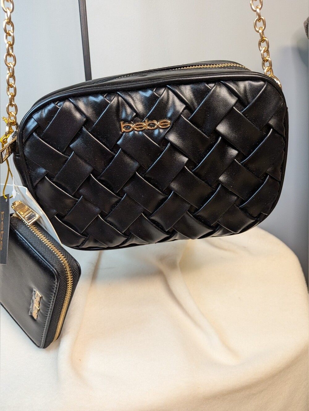 NWT Bebe Black Woven Luca Camera Crossbody Bag & Wallet Set Gold Accent